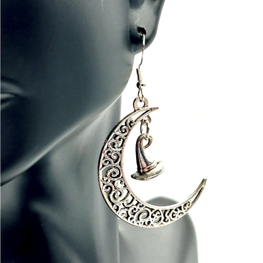 Handmade Halloween Sterling Silver Crescent Moon and Witch Hat Earrings!